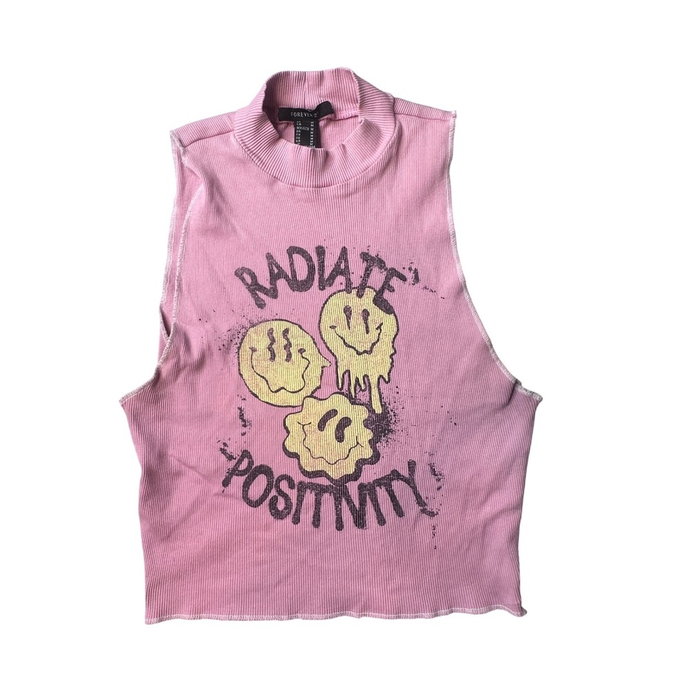 Forever 21 Tank Top Womens M Pink Radiate Positivity Graphic Mock Neck Ribbed
